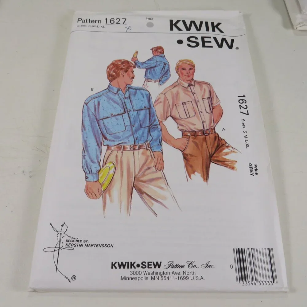 Kwik Sew 1627 clothing pattern Mens Shirt S-XLg long & short sleeve UNCUT
